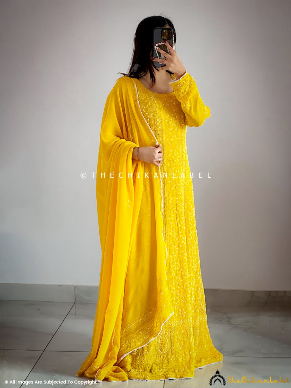 Yellow Gulnaaz Viscose Chikankari Anarkali