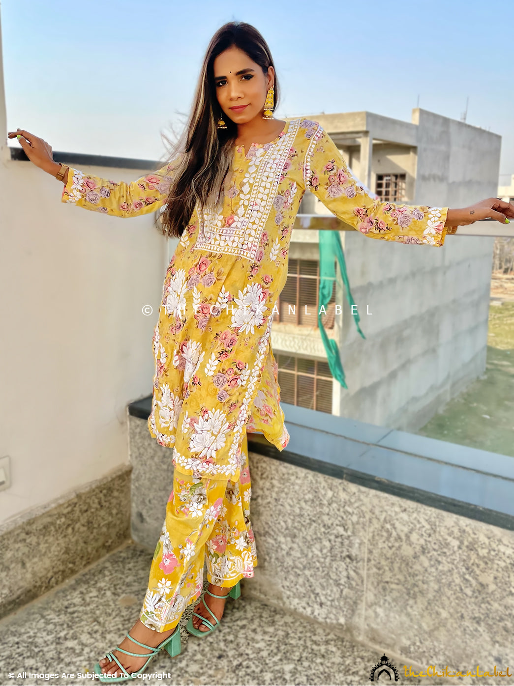 Yellow Mulmul Chikankari Kurti Palazzo Set