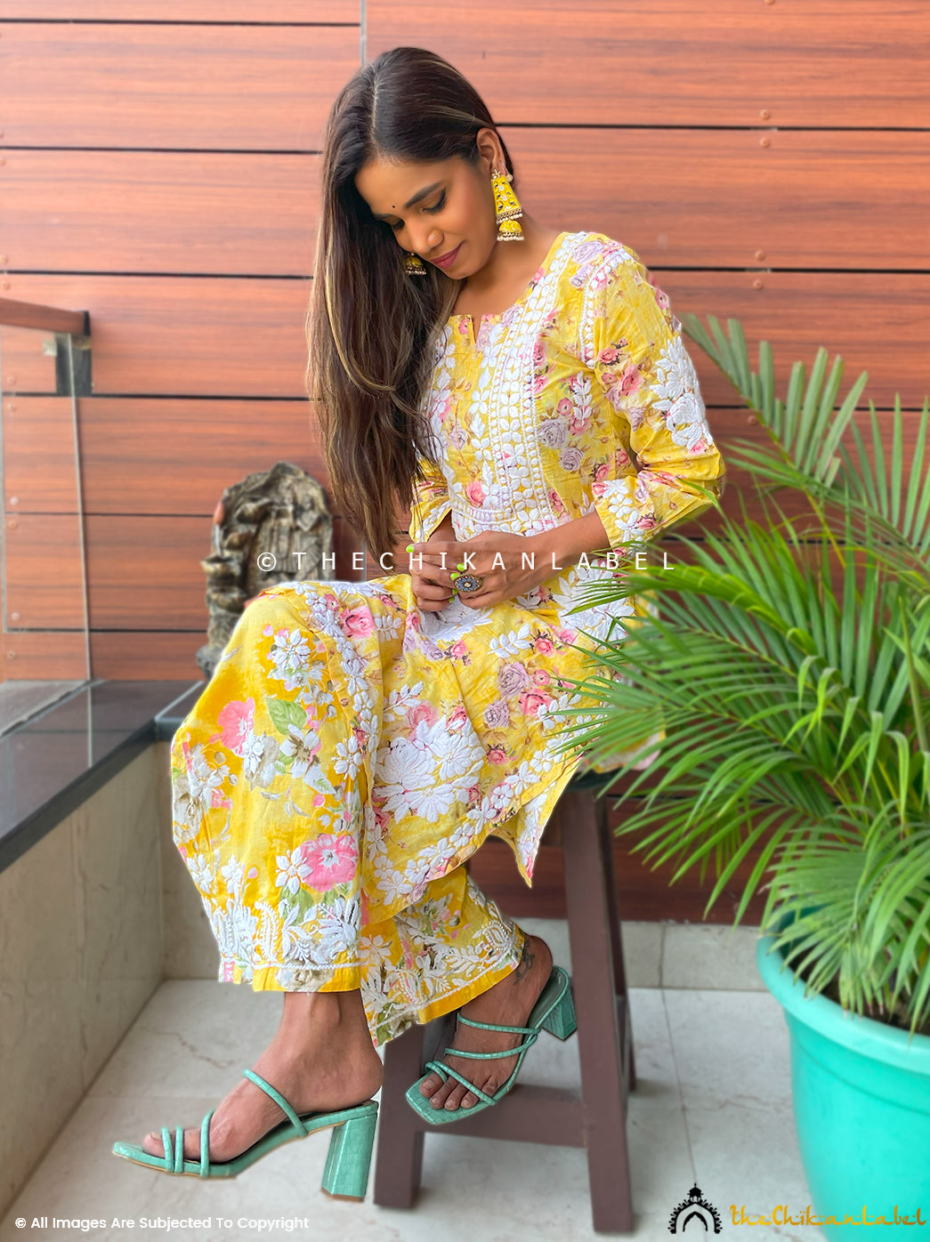 Yellow Mulmul Chikankari Kurti Palazzo Set