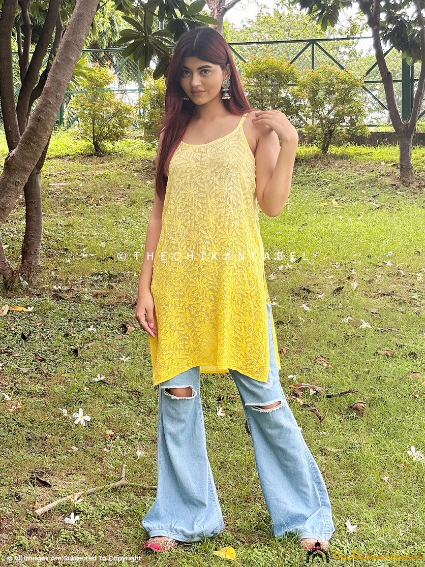 Yellow Jia Viscose Chikankari Strappy Short Kurta