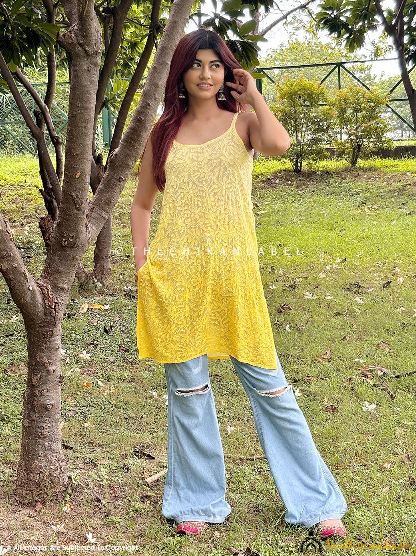 Yellow Jia Viscose Chikankari Strappy Short Kurta