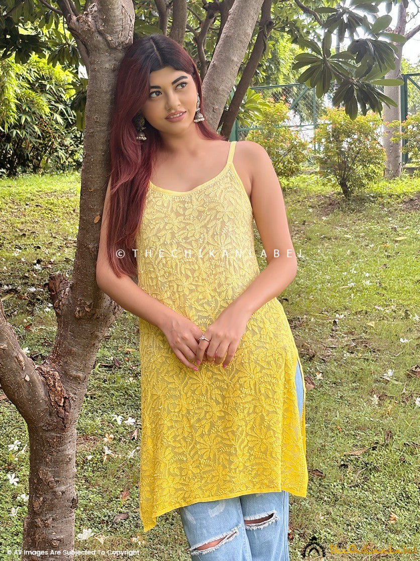 Yellow Jia Viscose Chikankari Strappy Short Kurta