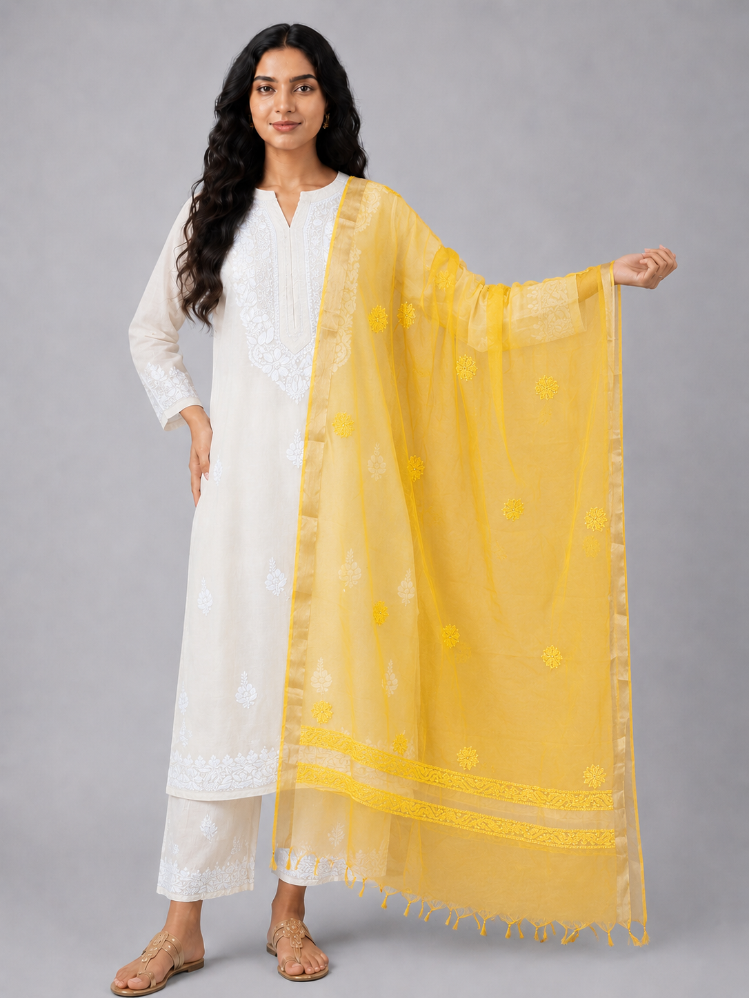 Yellow Organza Chikankari Dupatta