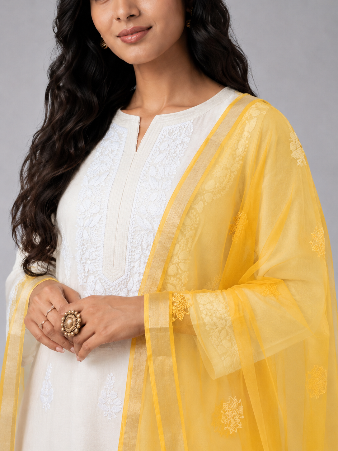 Yellow Organza Chikankari Dupatta