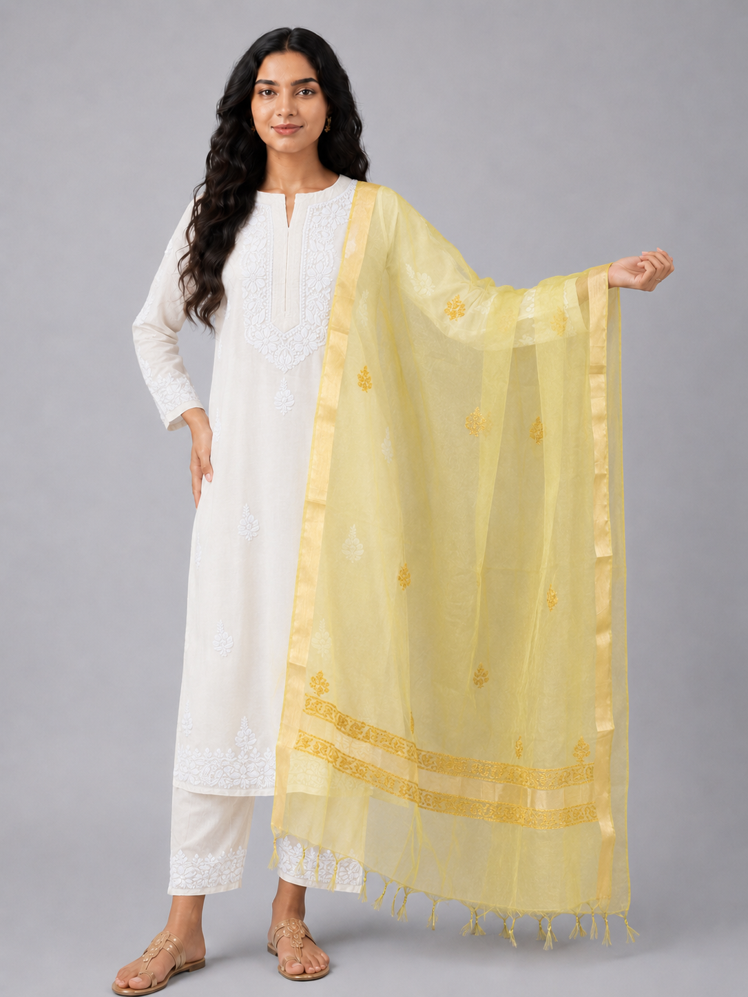 Lemon Yellow Organza Chikankari Dupatta