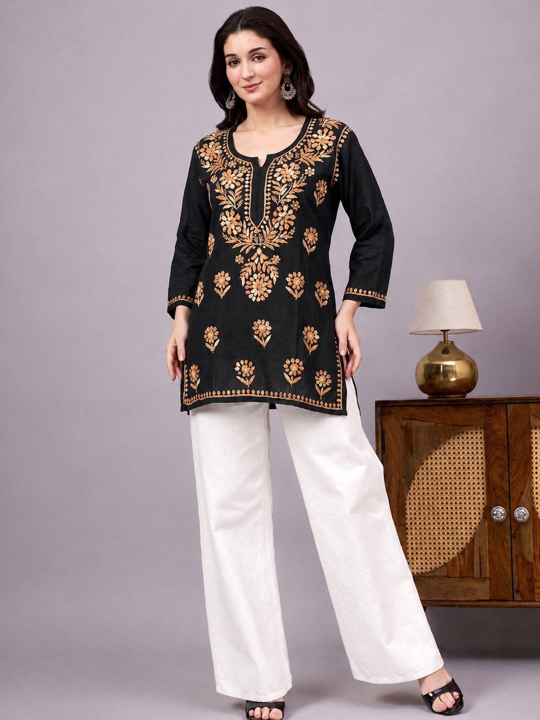 Rayon Short Kurta for women featuring premium Lucknowi Chikankari embroidery with elegant handcrafted detailing and stylish everyday ethnic appeal