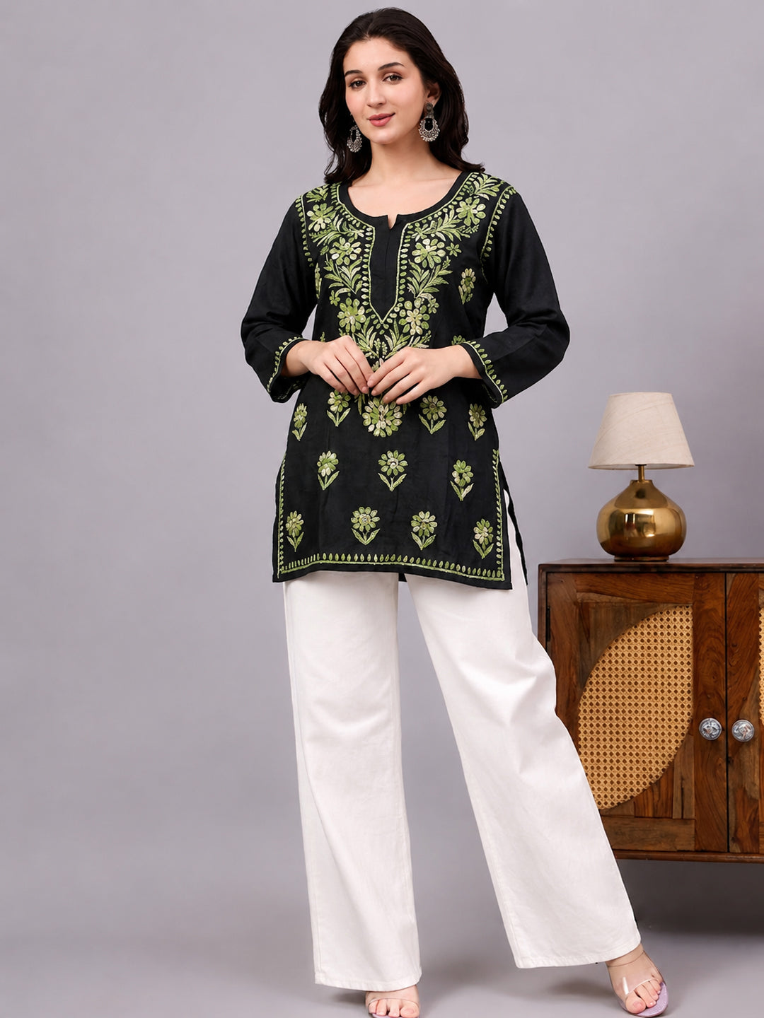 Comfortable regular wear kurta for women featuring detailed Chikankari craftsmanship, breathable rayon material, and relaxed everyday fit