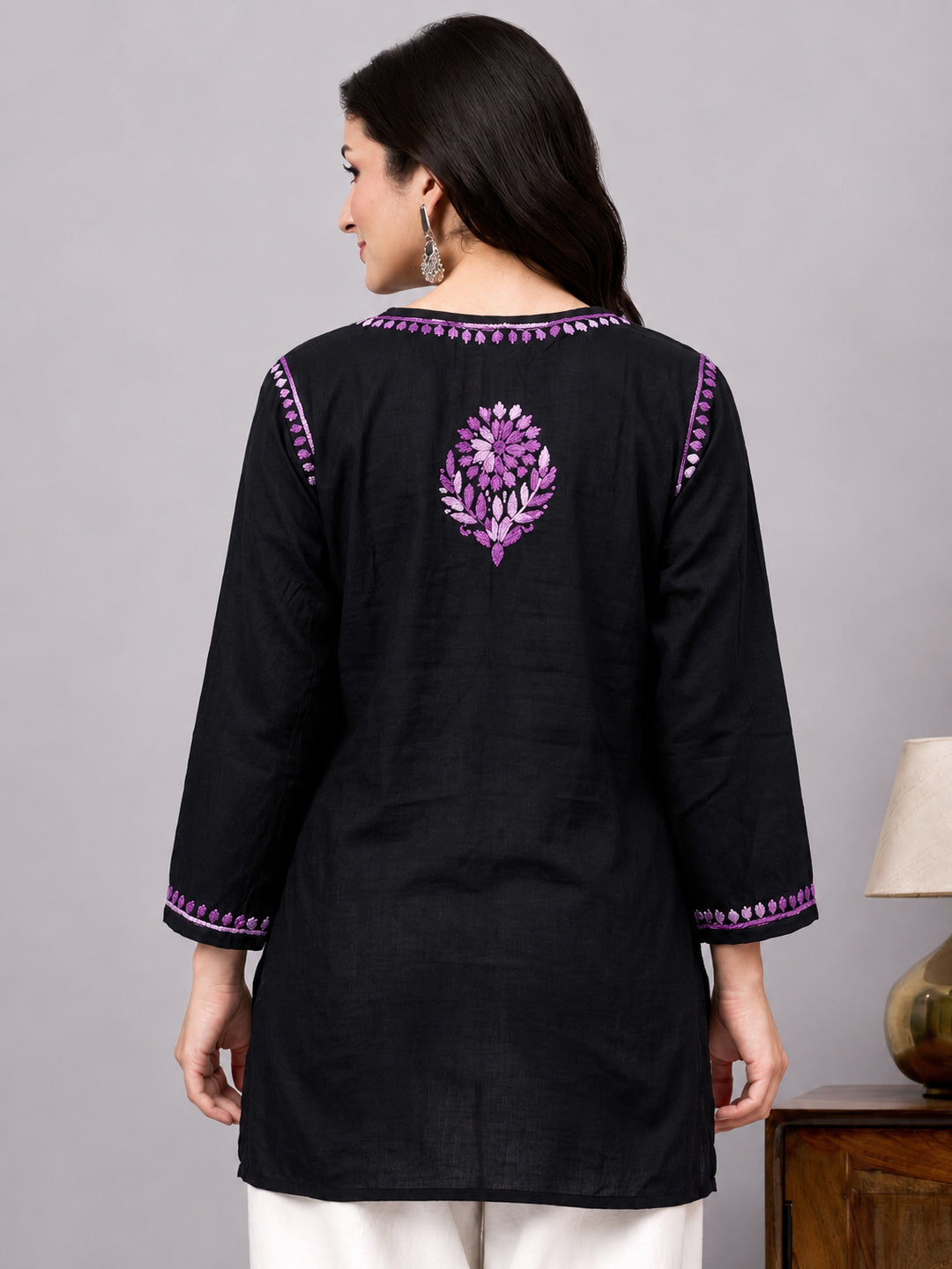 Women’s Chikankari top made with soft breathable rayon fabric featuring detailed embroidery and a fashionable short length design