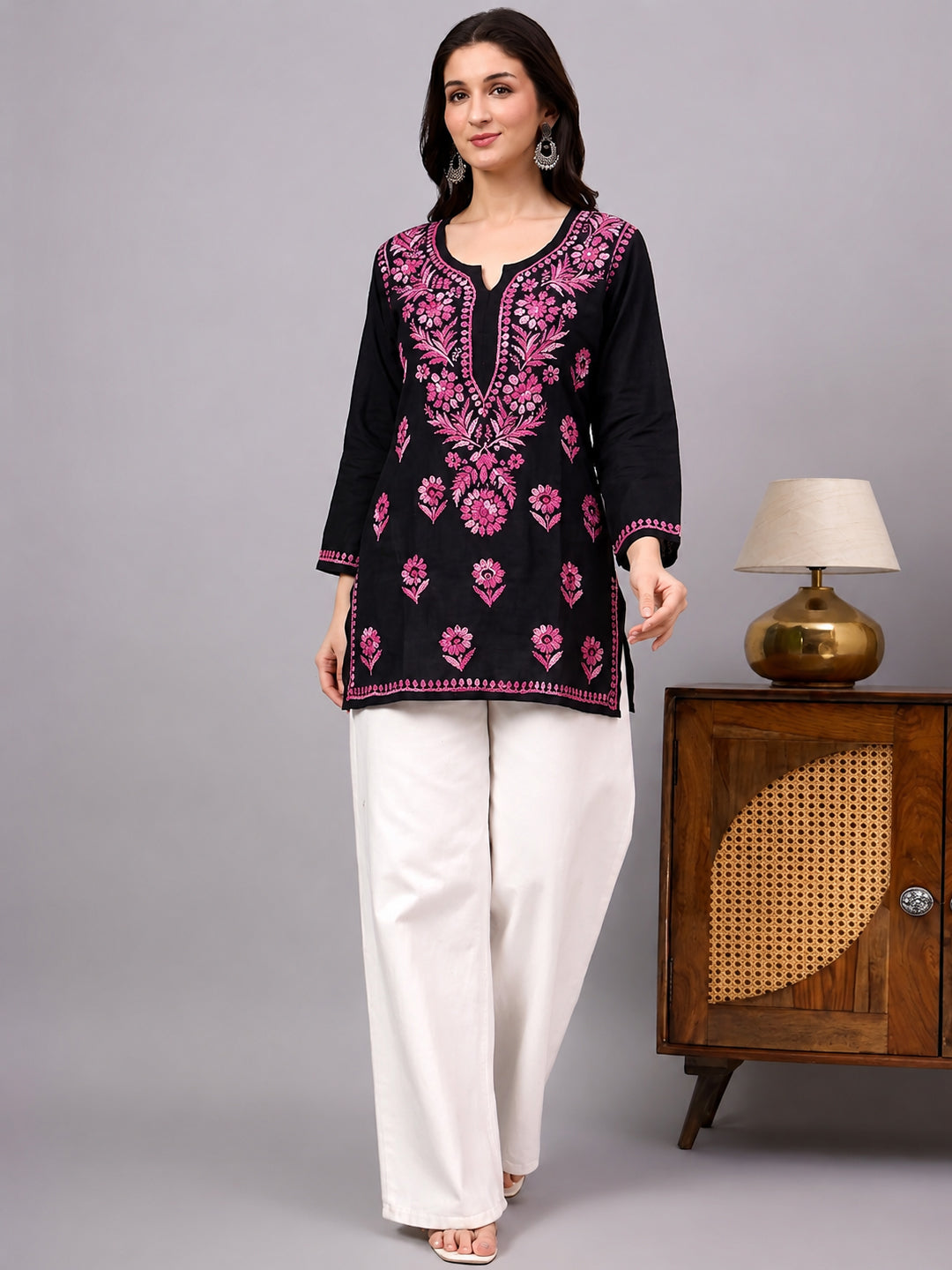 Trending short kurta with handcrafted Lucknowi-inspired embroidery, premium fabric quality, and versatile styling for casual ethnic outfits