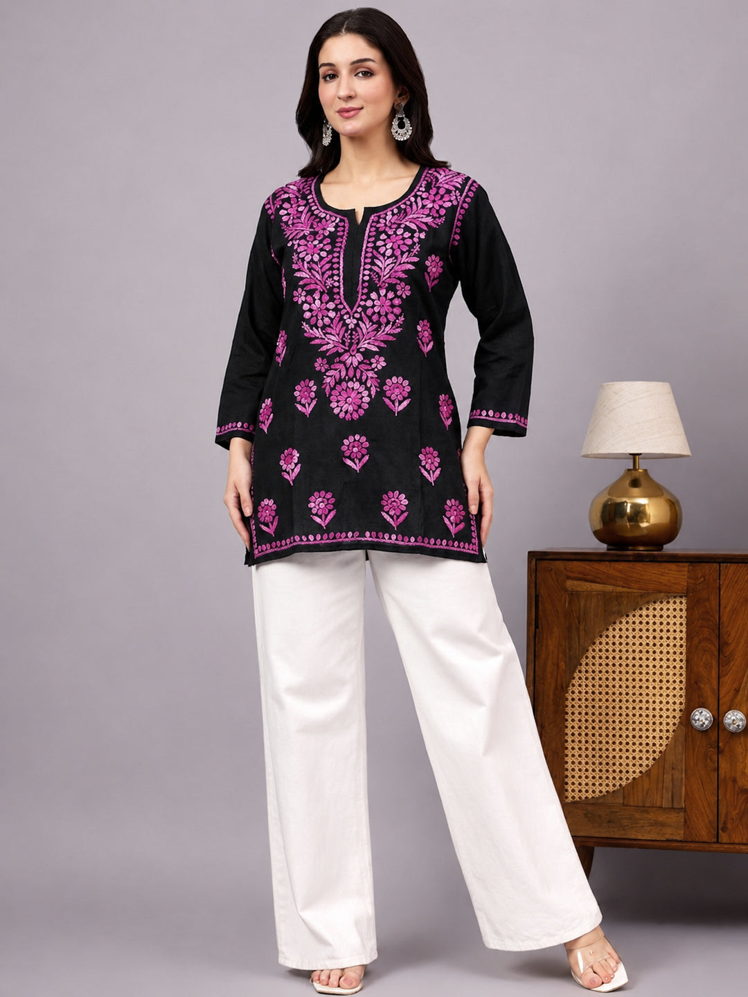 Comfortable regular wear kurta for women featuring detailed Chikankari craftsmanship, breathable rayon material, and relaxed everyday fit