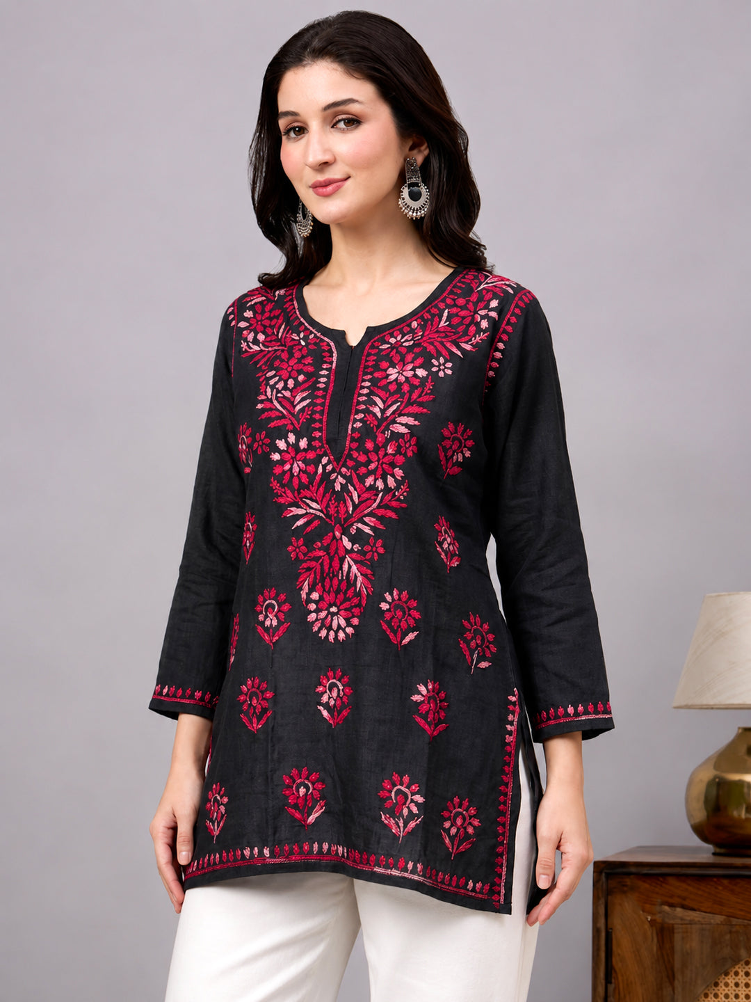 Trending short kurta with handcrafted Lucknowi-inspired embroidery, premium fabric quality, and versatile styling for casual ethnic outfits