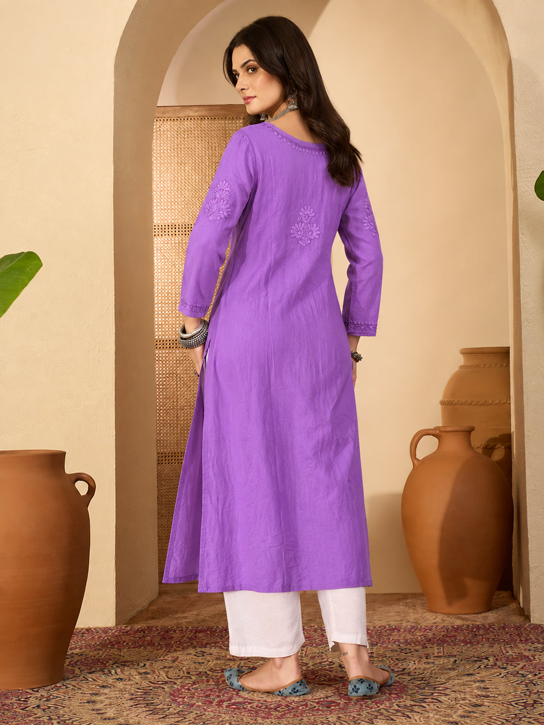 Zara Rayon Chikankari Straight Kurta - Lavender