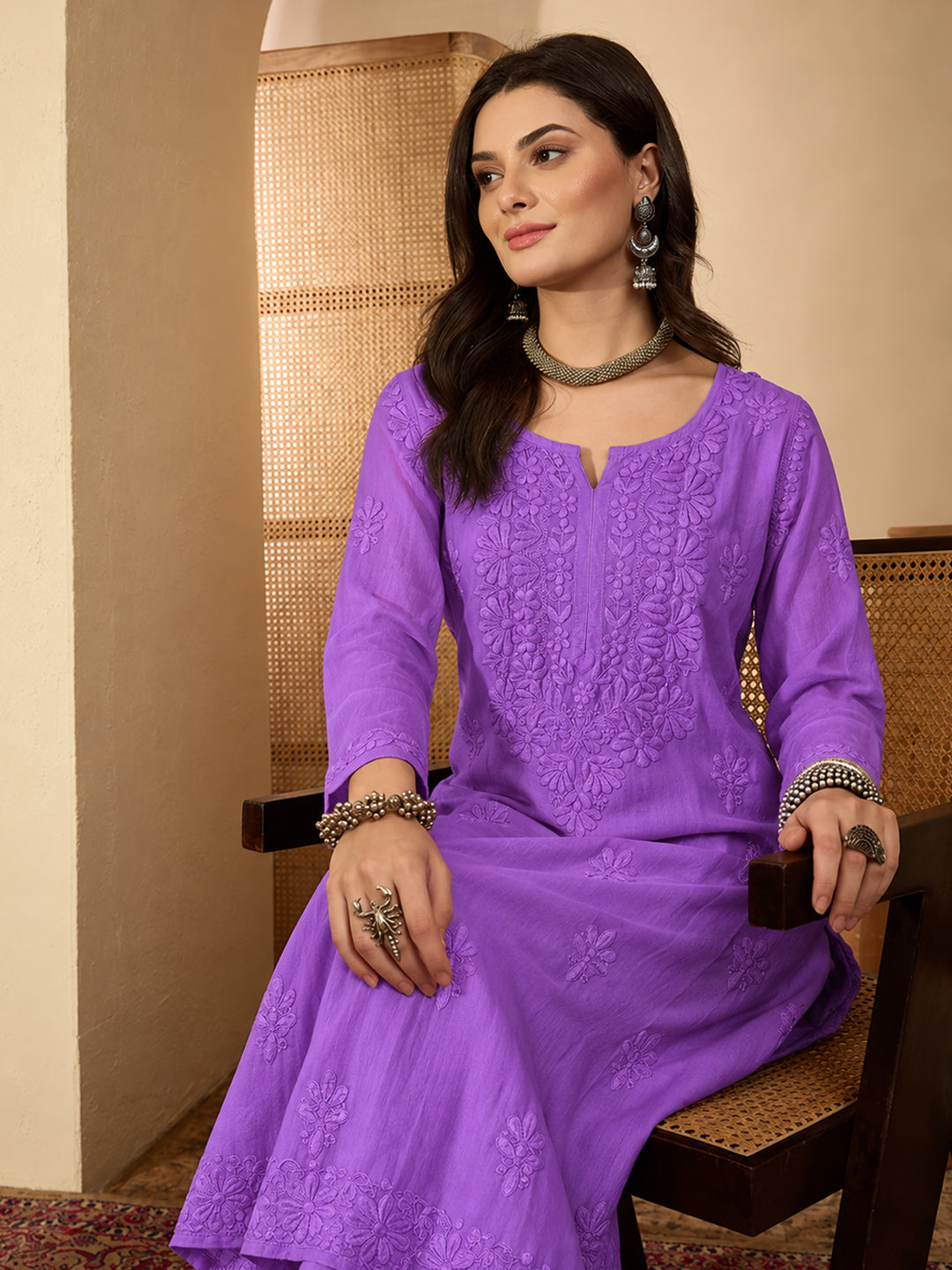 Zara Rayon Chikankari Straight Kurta - Lavender
