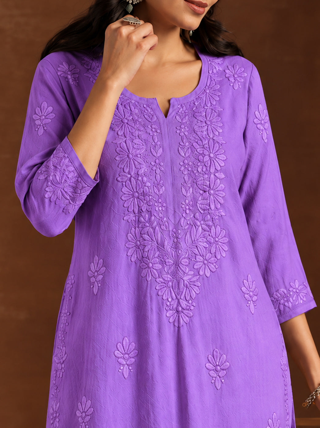 Women’s Zara Rayon Straight Kurti paired with flowing palazzo pants and ethnic accessories for an elegant office or casual wear look.