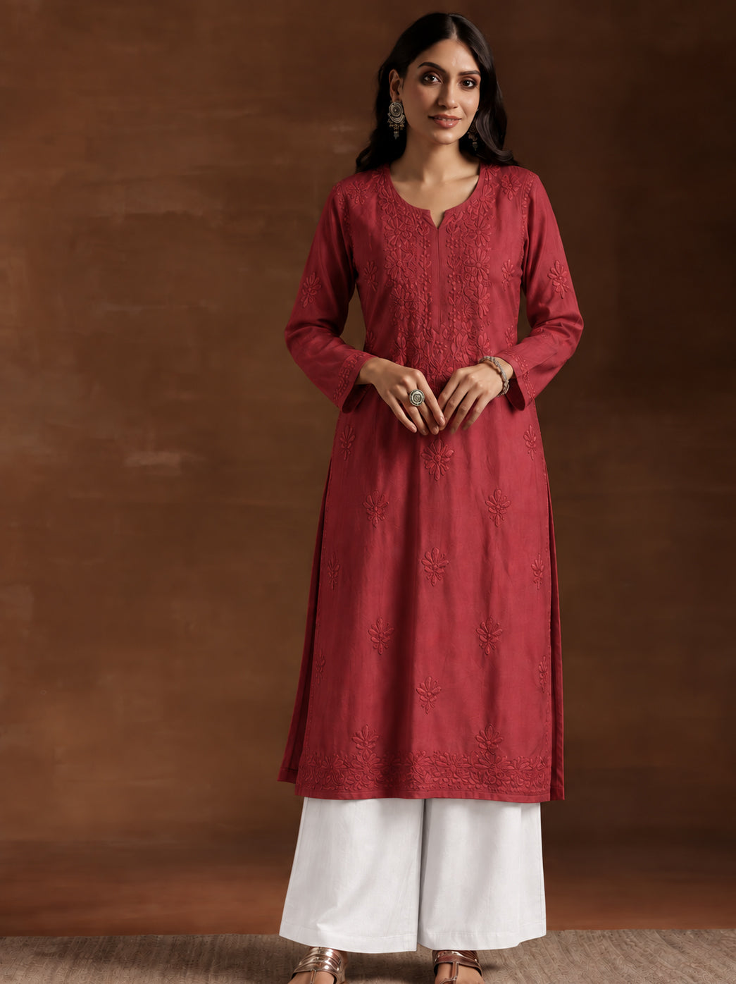 Zara Rayon Chikankari Straight Kurta - Maroon