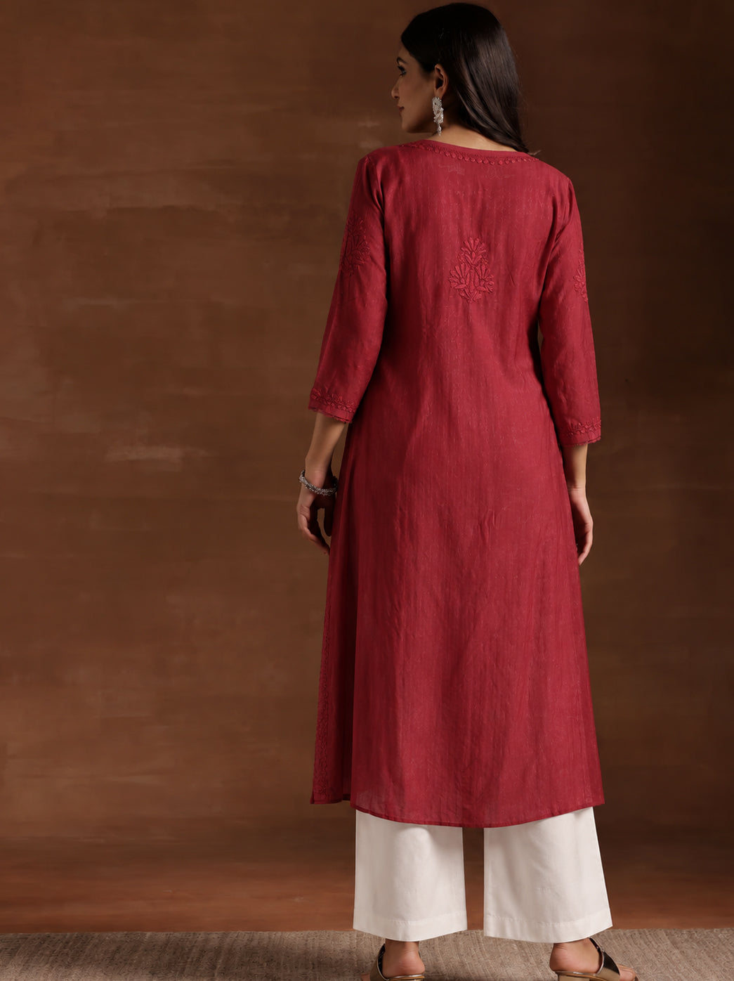Zara Rayon Chikankari Straight Kurta - Maroon