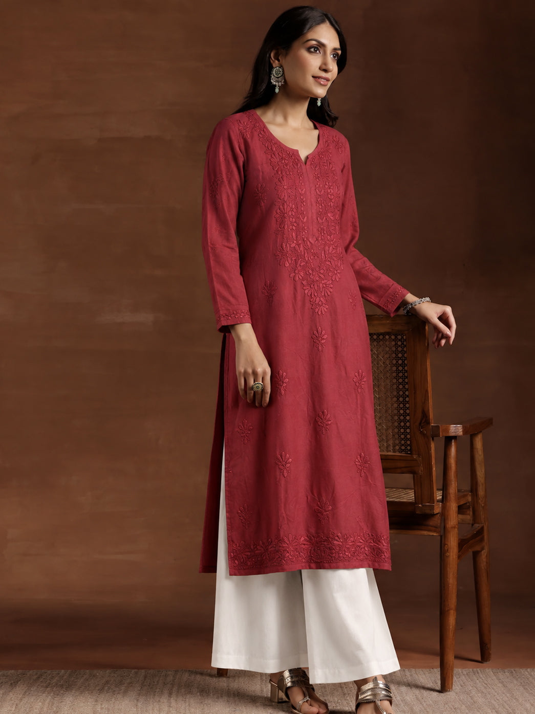 Zara Rayon Chikankari Straight Kurta - Maroon