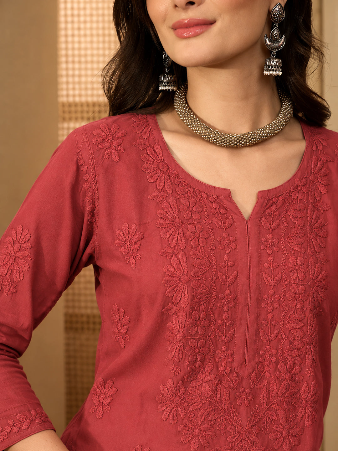 Zara Rayon Chikankari Straight Kurta - Maroon