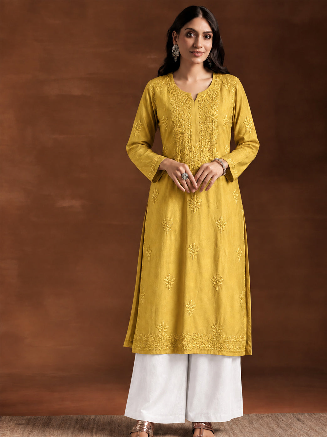 Zara Rayon Chikankari Straight Kurta - Mehndi Green