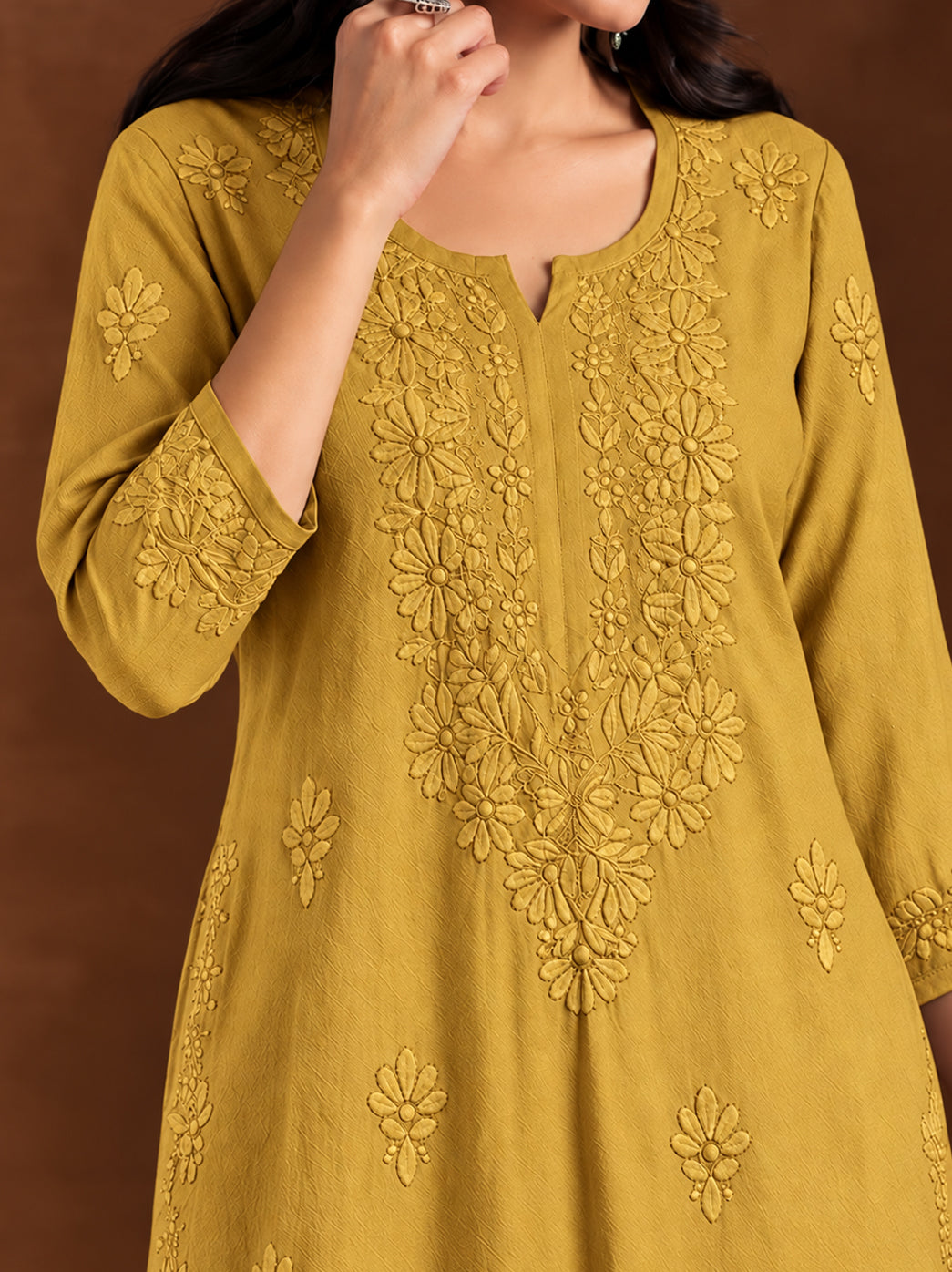 Zara Rayon Chikankari Straight Kurta - Mehndi Green