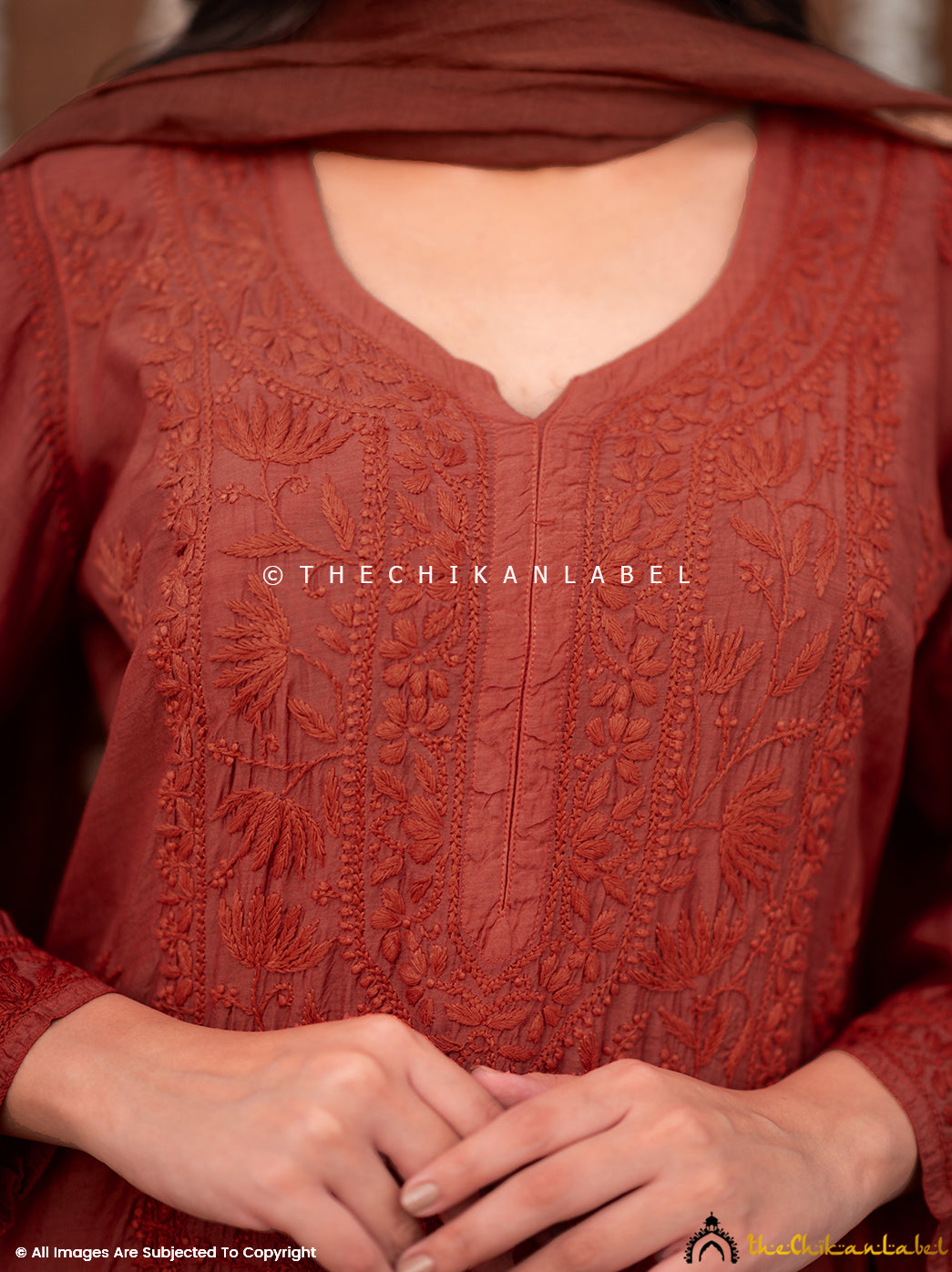 Zareen Muslin Chikankari Straight Kurta Set with Dupatta - Coral