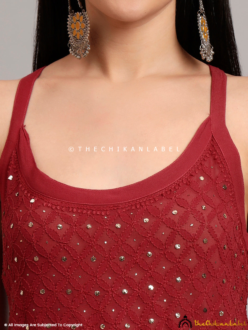 Zeenat Viscose Chikankari Noodle Strappy - Maroon