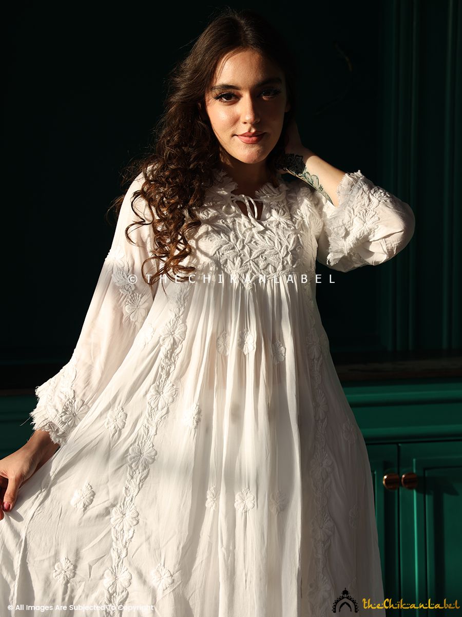 White Zahrah Muslin Chikankari Tunic Dress