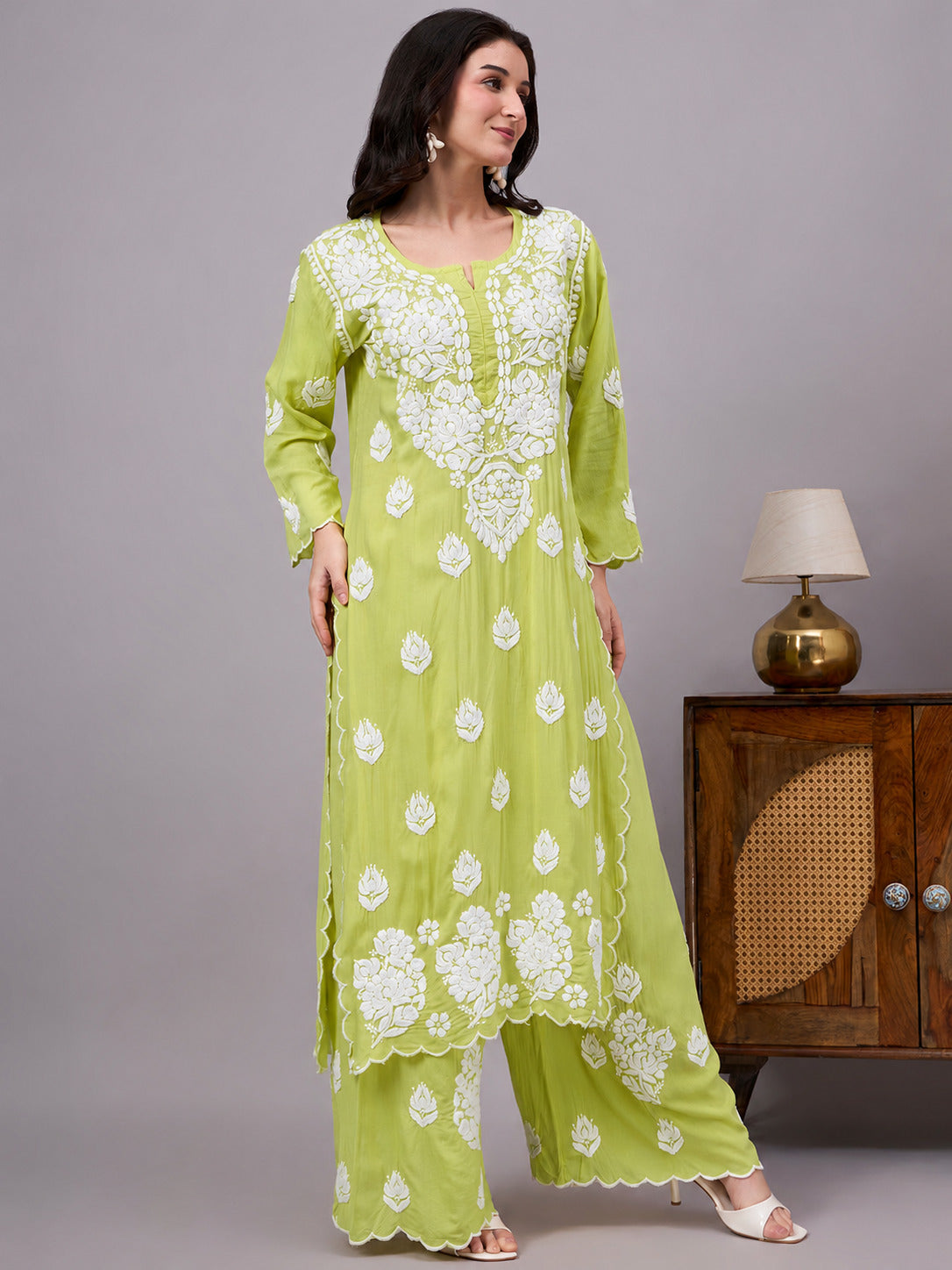 Najat Modal Chikankari Kurti Palazzo Set - Pista Green