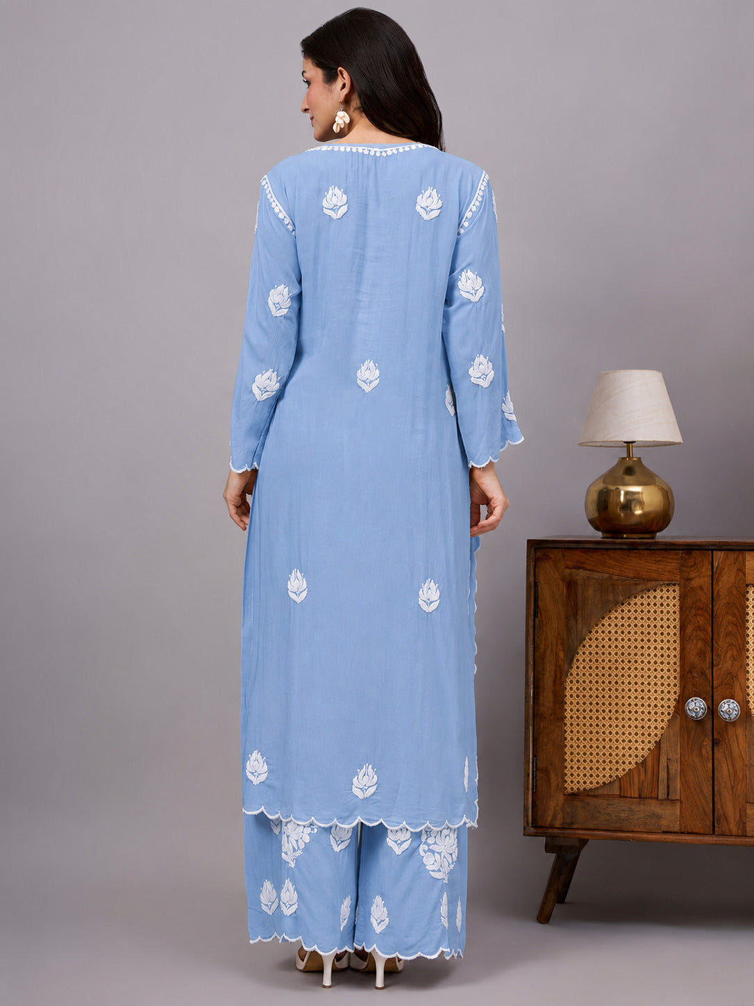 Najat Modal Chikankari Kurti Palazzo Set - Powder Blue