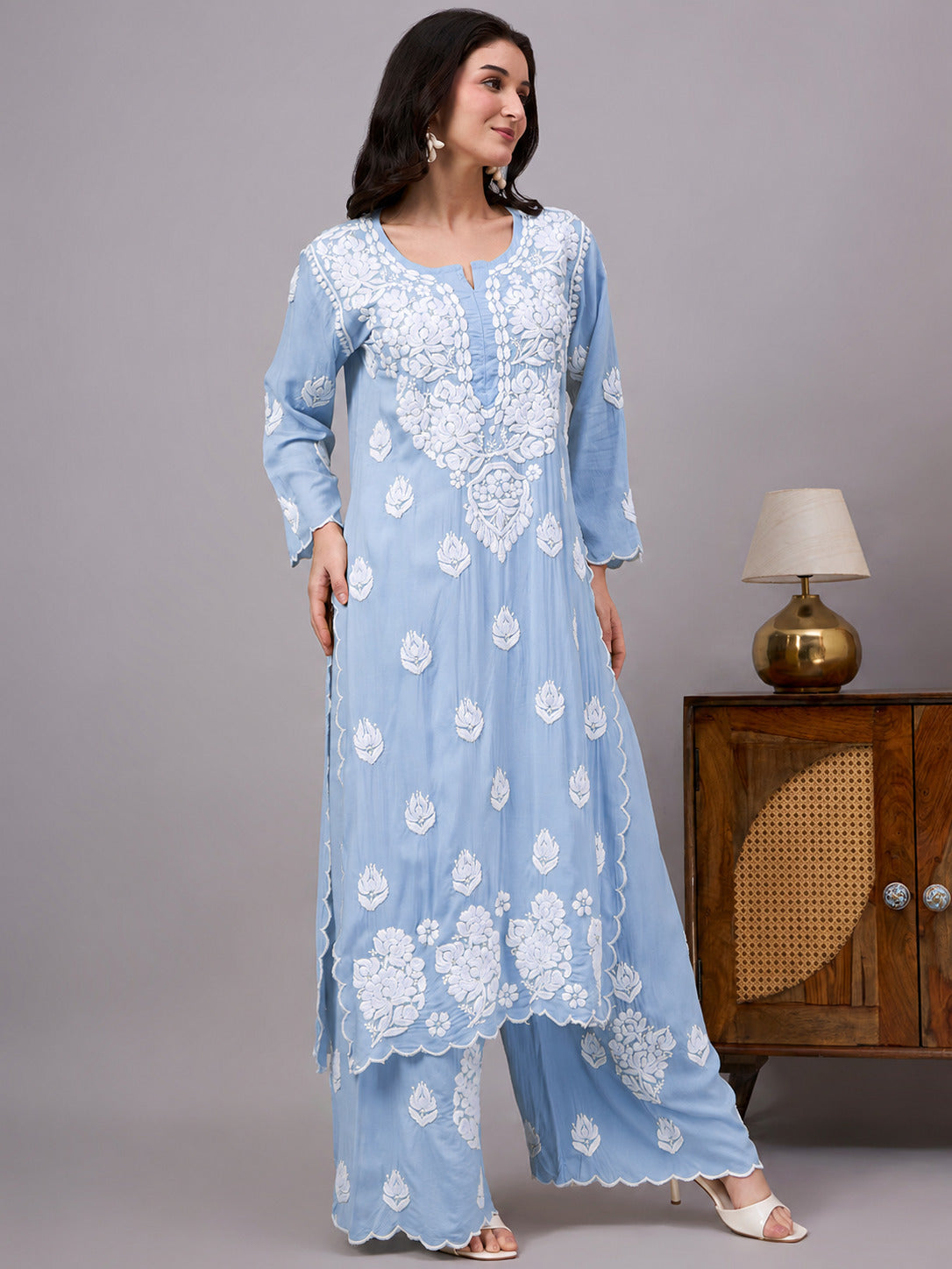 Najat Modal Chikankari Kurti Palazzo Set - Powder Blue