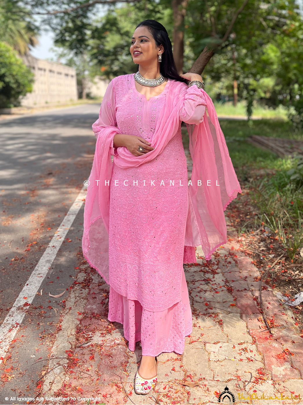 Full-length view of pink kurta and matching pants with dupatta