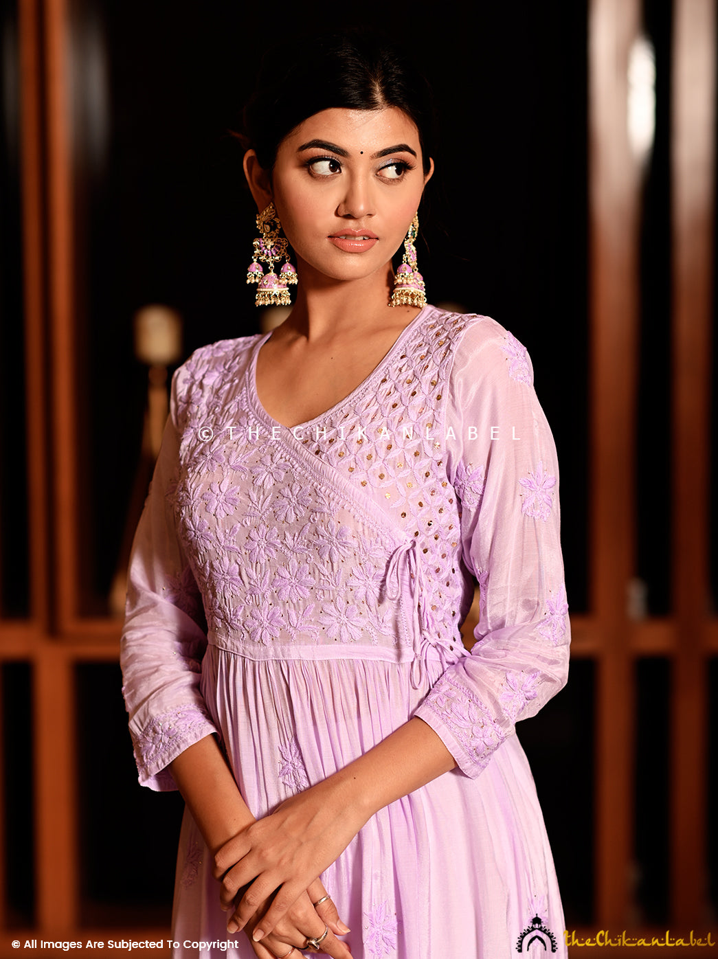 Lavender Diya Muslin Chikankari Angrakha , Chikankari Angrakha in Muslin Fabric For Woman