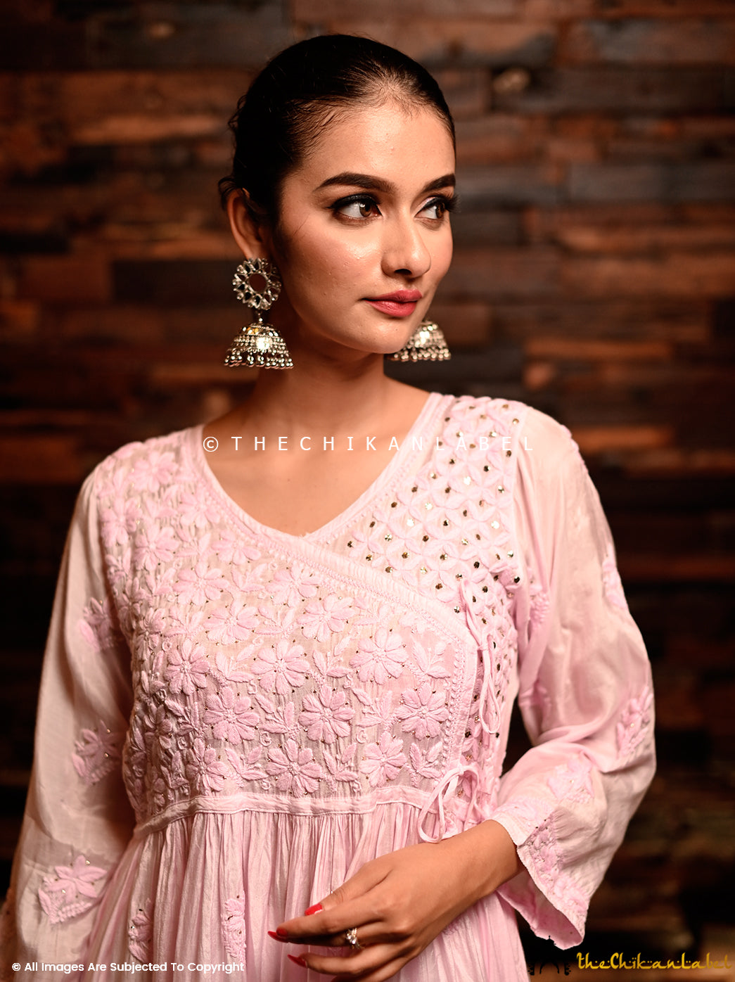 Baby Pink Diya Muslin Chikankari Angrakha,Chikankari Angrakha In Muslin Fabric For Women