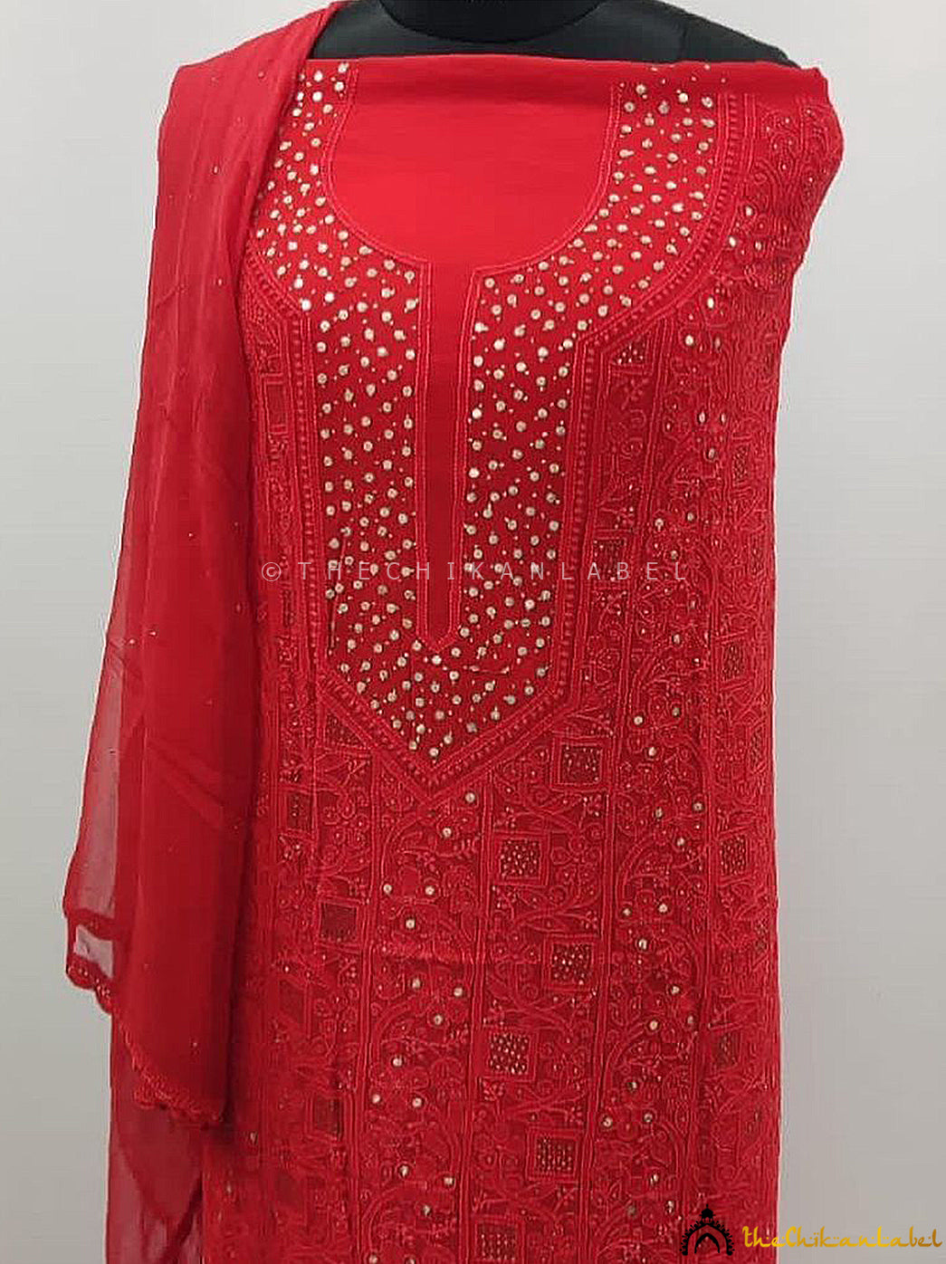 Hand-embroidered mukaish work viscose unstitched kurti piece with dupatta perfect for weddings and festive occasions.