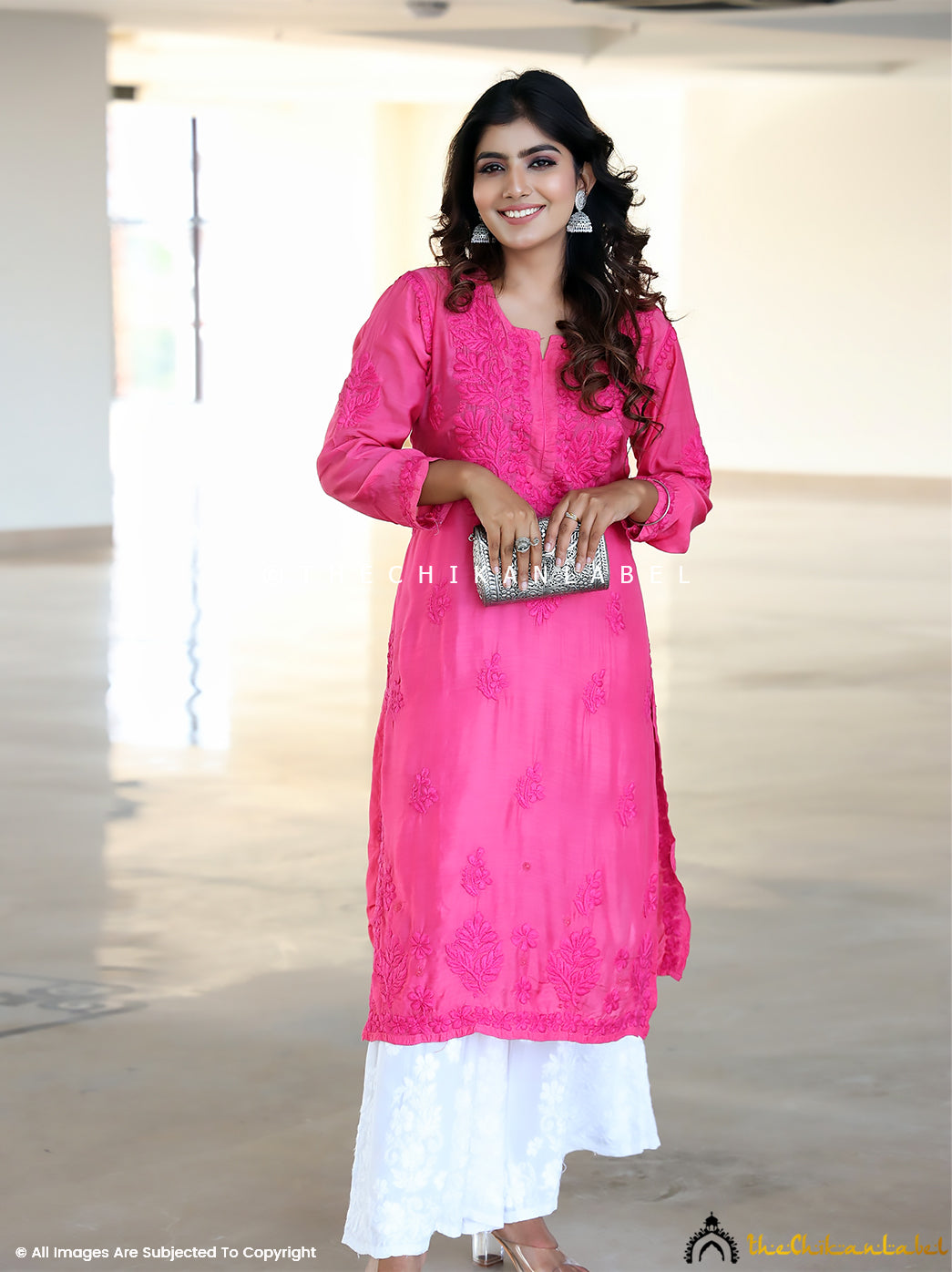 Hot Pink Iqra Muslin Chikankari Straight Kurti