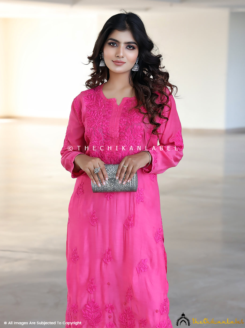 Hot Pink Iqra Muslin Chikankari Straight Kurti