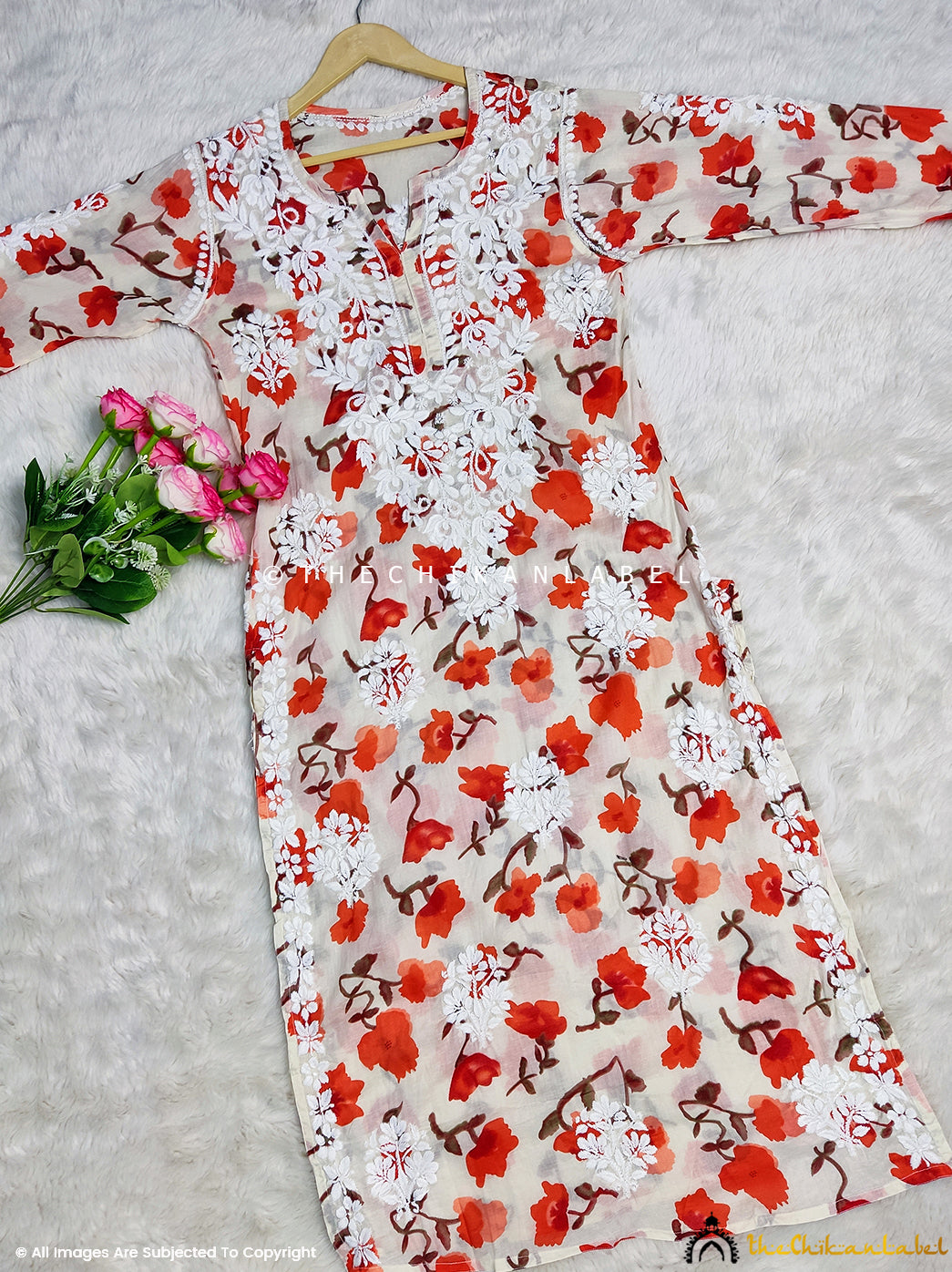 Yellow Printed Straight Chikankari Kurti