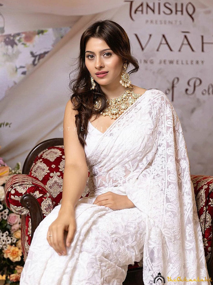 Aparna Dixit White Sahida Georgette Chikankari Full Jaal Saree,Chikankari Full Jaal Saree In Georgette Fabric For women