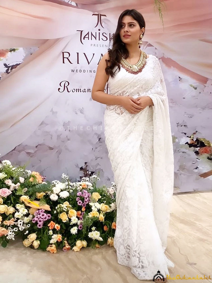 Aparna Dixit White Sahida Georgette Chikankari Full Jaal Saree,Chikankari Full Jaal Saree In Georgette Fabric For women