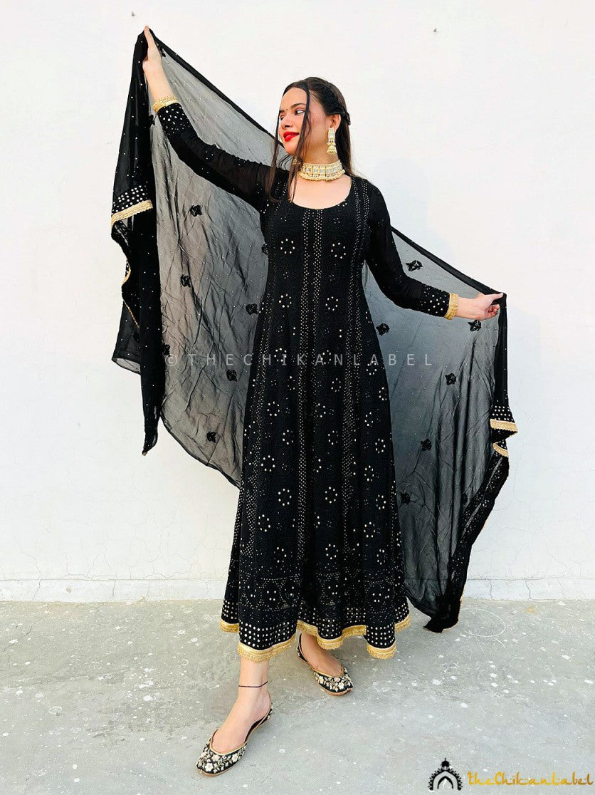 Graceful wedding outfit featuring full-length flared chikankari kurta and complementing dupatta