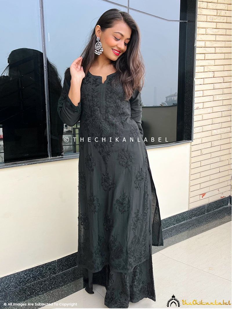 Black Roza Modal Chikankari Straight Kurta Set Black Roza Modal Chikankari Straight Kurta Set