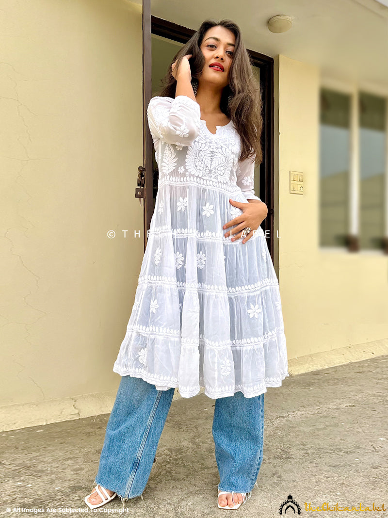 White Afsara Crepe Chikankari Tier Tunic Gown