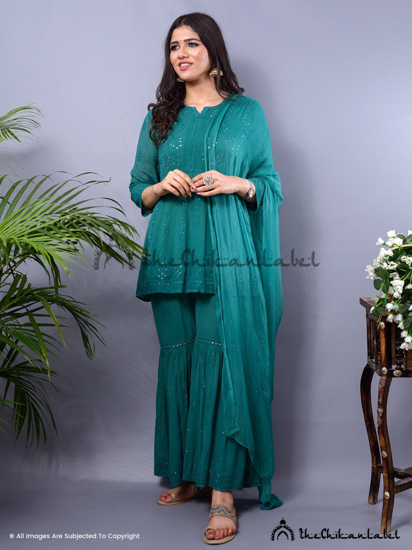 Handwork Garara Kurta Green Hina Viscose Chikankari Kurta Garara Set