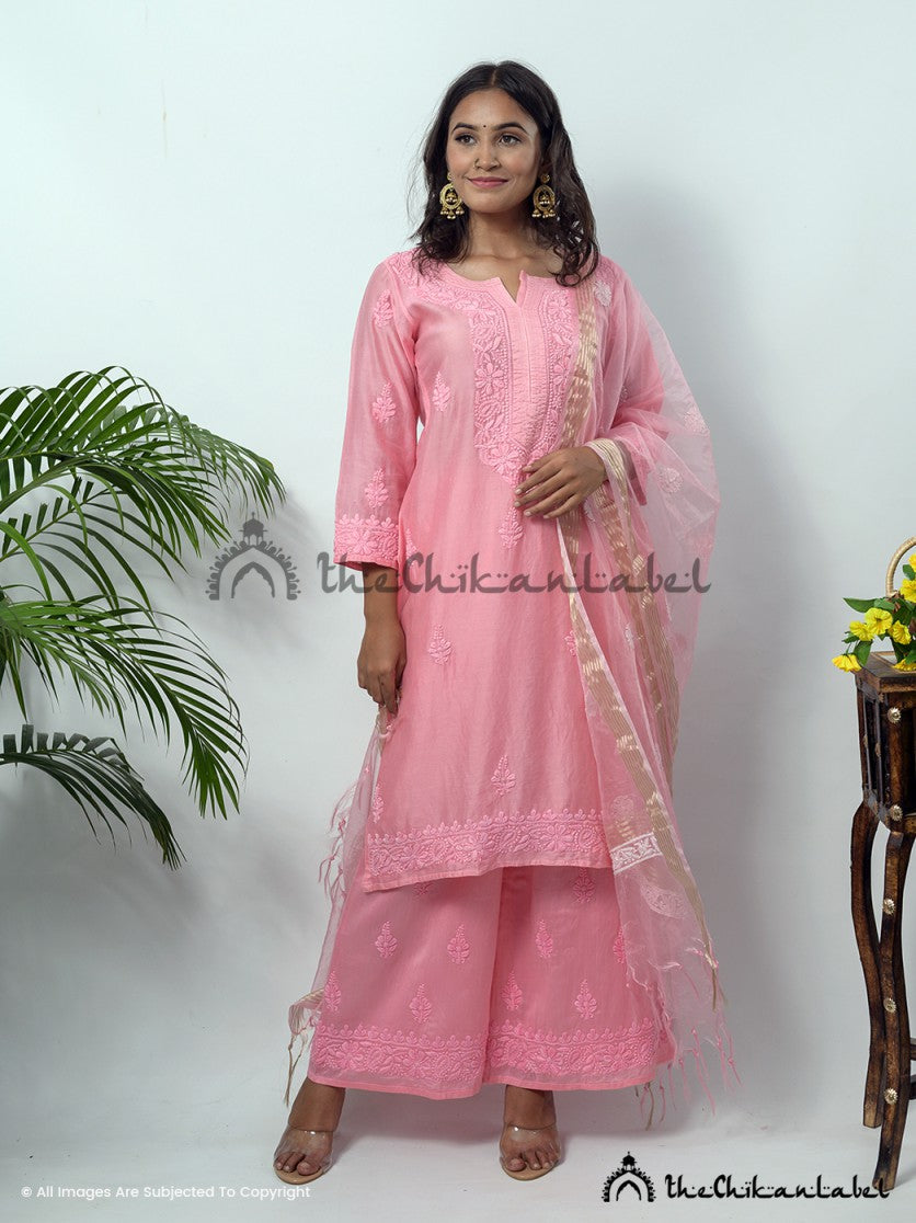 Hiba Chanderi Chikankari Straight Kurta Set with Dupatta ,Chikankari Straight Kurta Set with Dupatta in Chanderi Fabric For Woman