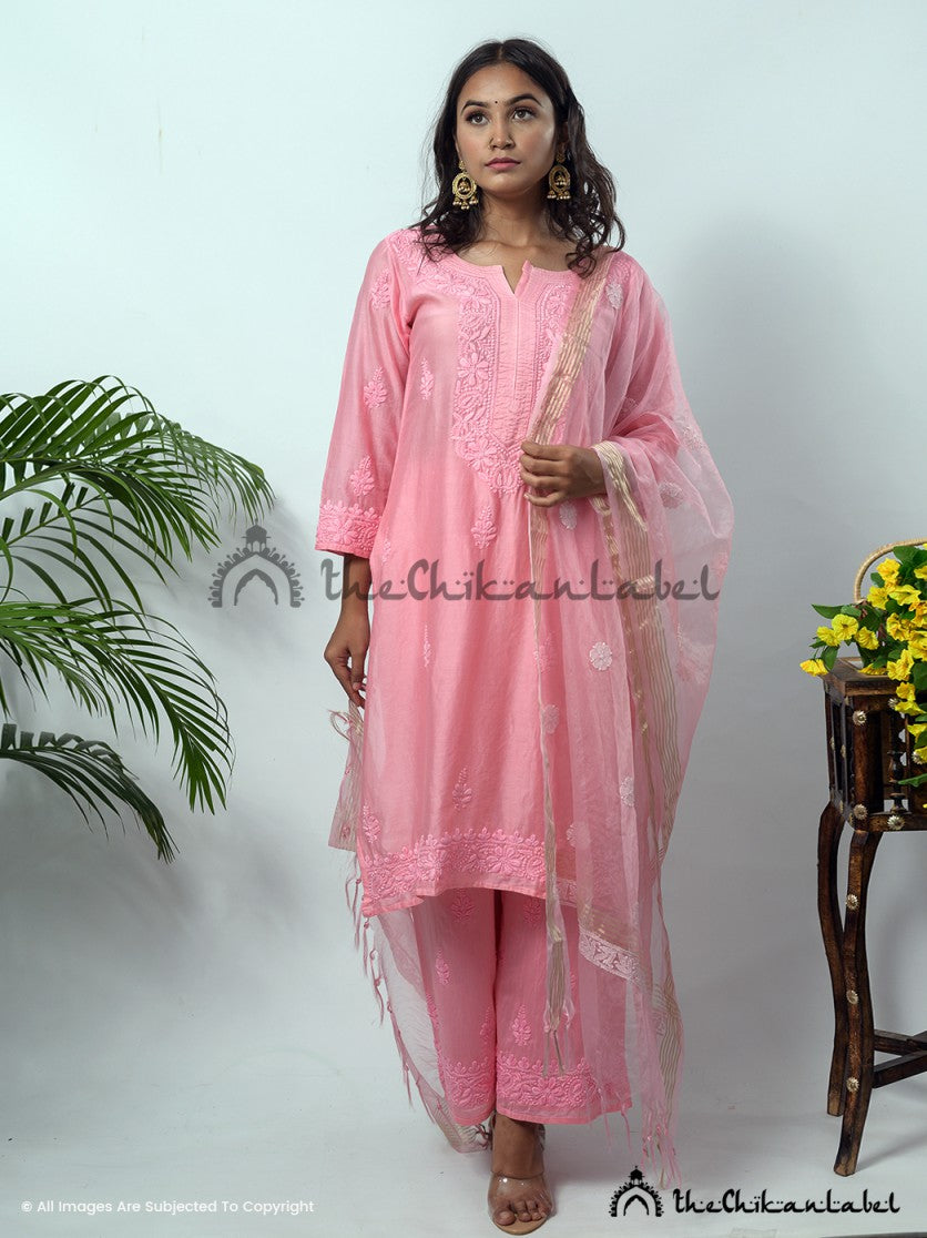 Hiba Chanderi Chikankari Straight Kurta Set with Dupatta ,Chikankari Straight Kurta Set with Dupatta in Chanderi Fabric For Woman