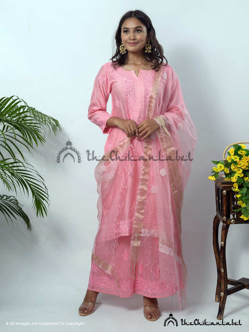 Hiba Chanderi Chikankari Straight Kurta Set with Dupatta ,Chikankari Straight Kurta Set with Dupatta in Chanderi Fabric For Woman