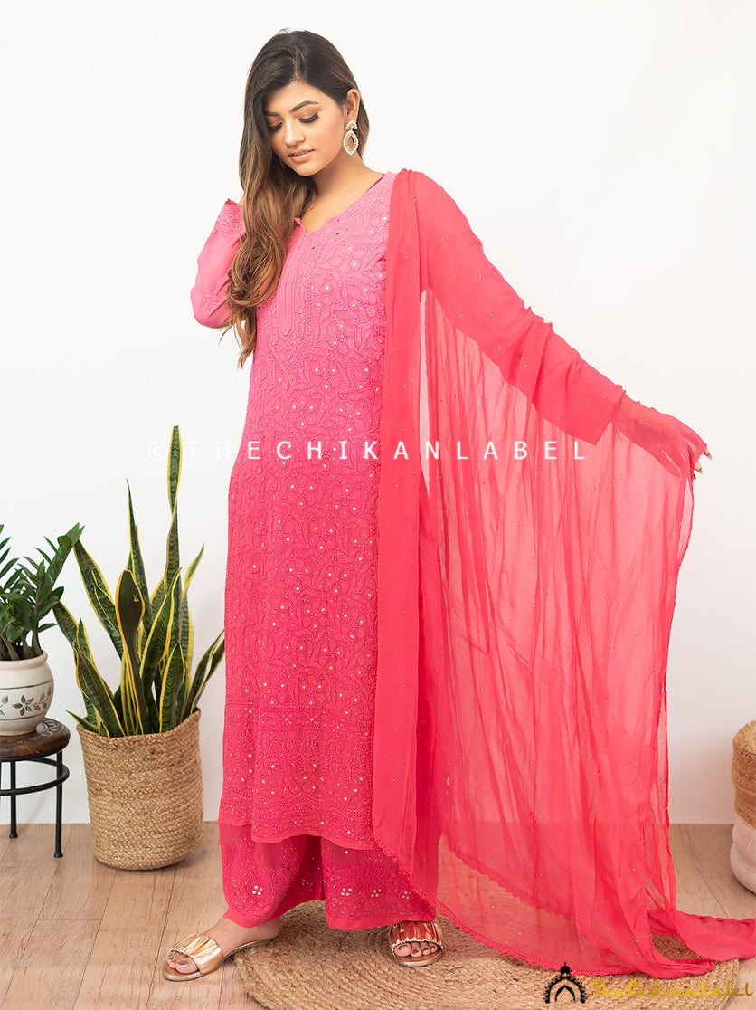Dupatta-draped look highlighting a mukaish work viscose chikankari set with comfortable fit and hand-finished edges.