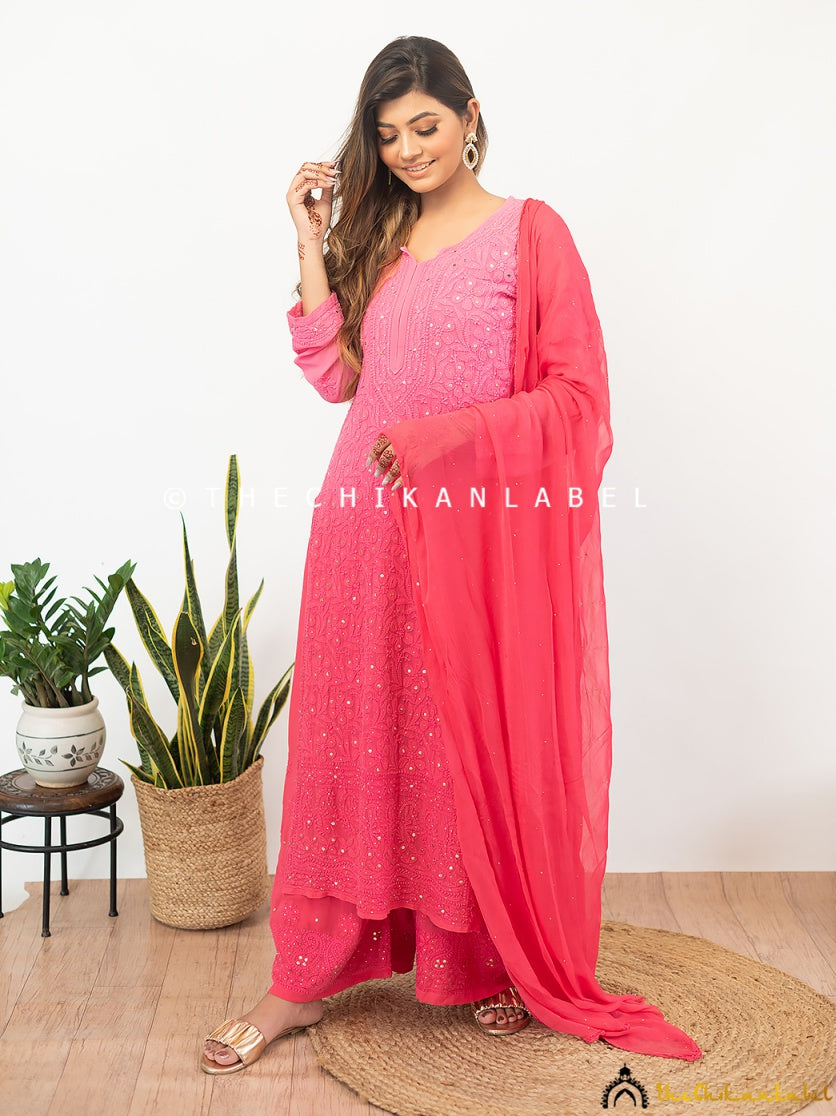 Artisanal chikankari palazzo kurti set crafted in breathable viscose, ideal for celebrations and wedding functions.