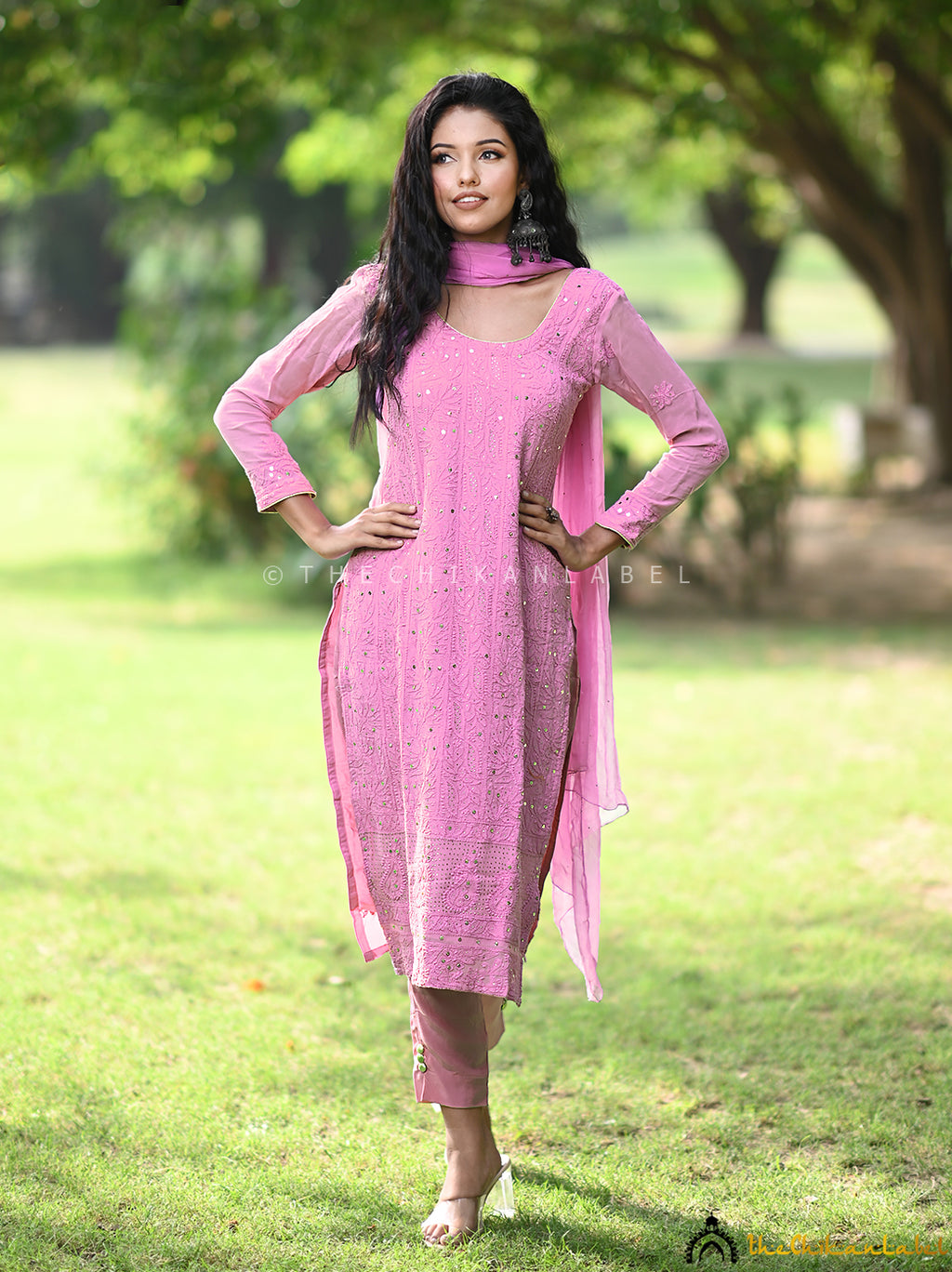 Baby Pink Mohini Viscose Chikankari Straight Kurta Set with Dupatta S