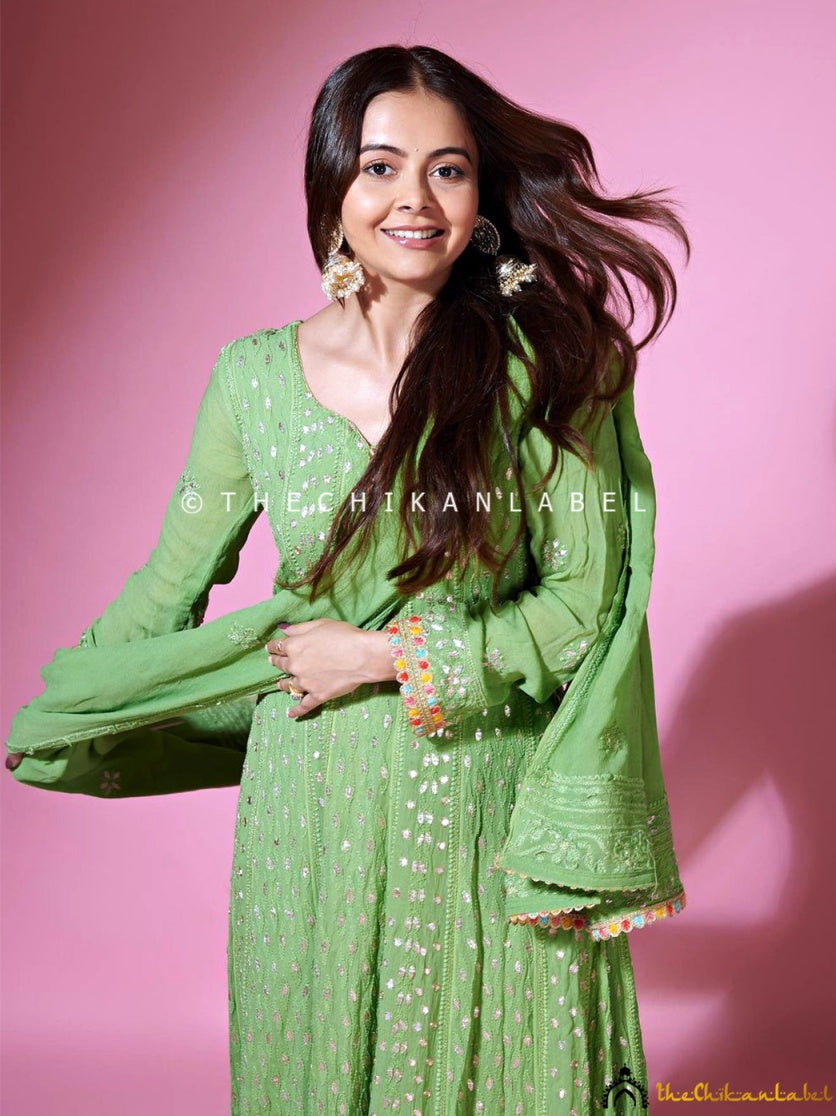 Devoleena Bhattacharjee in Green Sufiya Viscose Chikankari Anarkali ,Chikankari Anarkali in Viscose Fabric For Woman